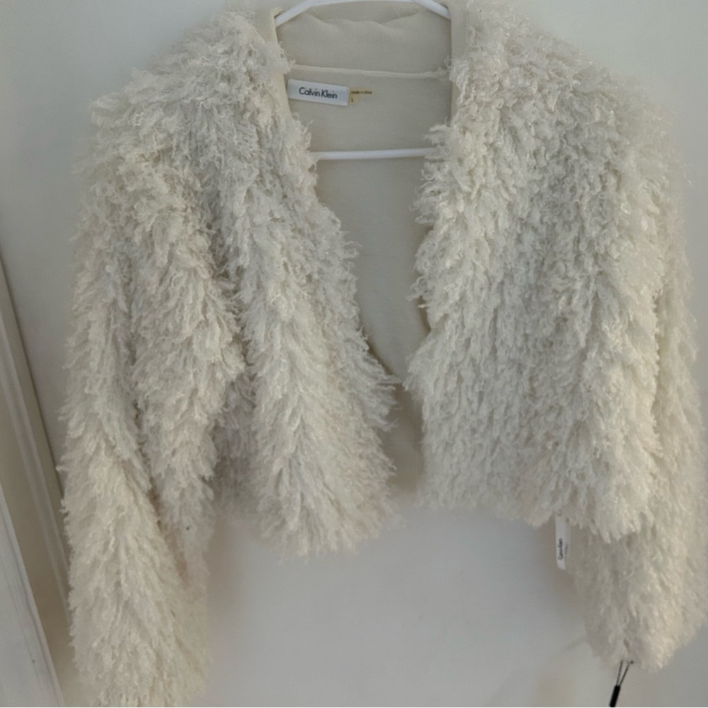 Calvin Klein Cream Shaggy Faux-Fur Cropped Teddy Jacket